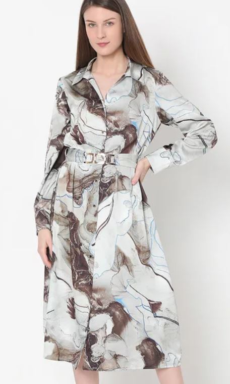 Grey Printed Midi Shirt Dress