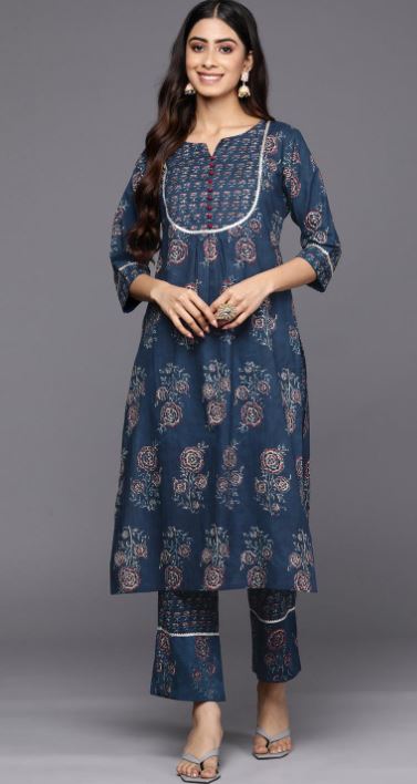 Blue Printed Cotton Straight Kurta With Trousers