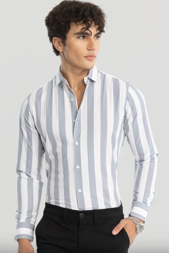 Grey Slim Fit Stripes Shirt