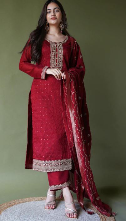 Maroon Embroidered Kurta With Trousers & Dupatta