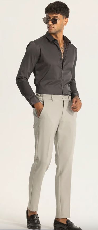 Cream Self-Design Slim Fit Trousers