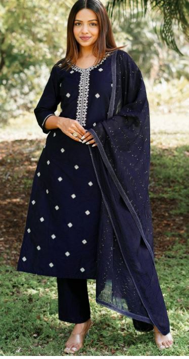Blue Yoke Design Suit With Dupatta