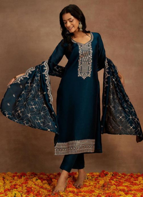 Teal Yoke Design Silk Suit With Dupatta