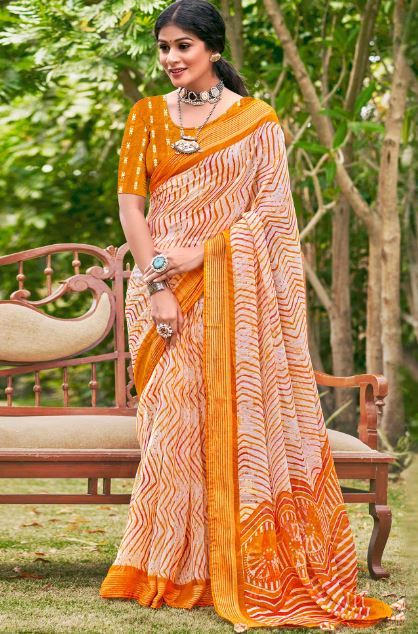 Mustard Leheriya Printed Chiffon Saree