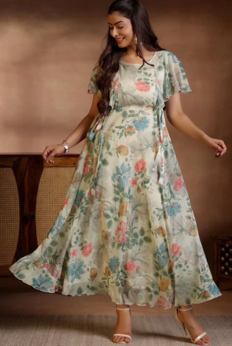 Off White Printed Polyester A-Line Dress