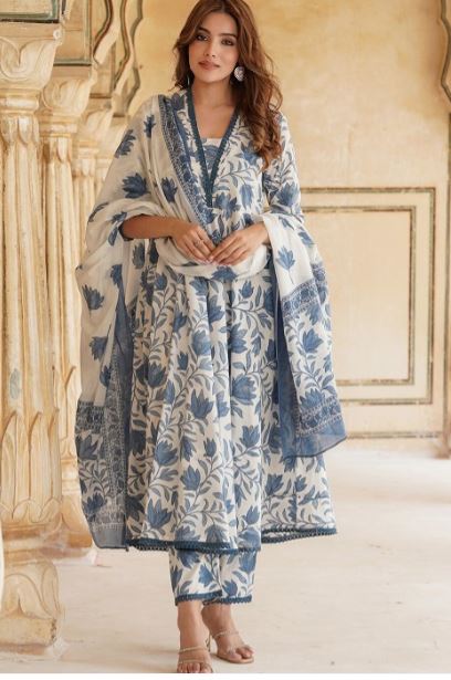 Floral Printed Anarkali Kurta with Trousers & Dupatta