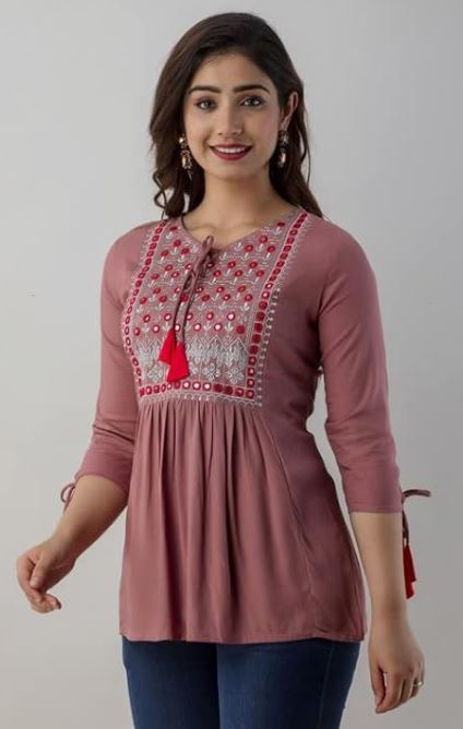Printed Embroidered Viscose Rayon Top
