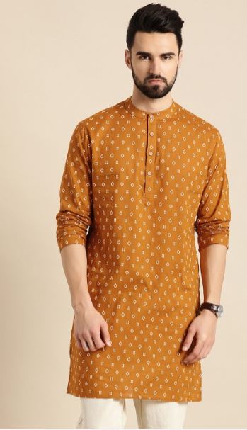 Men Mustard Yellow Printed Kurta