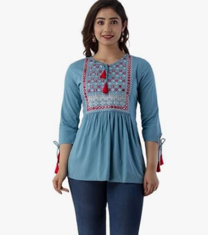 Women Printed Embroidered Viscose Rayon Top