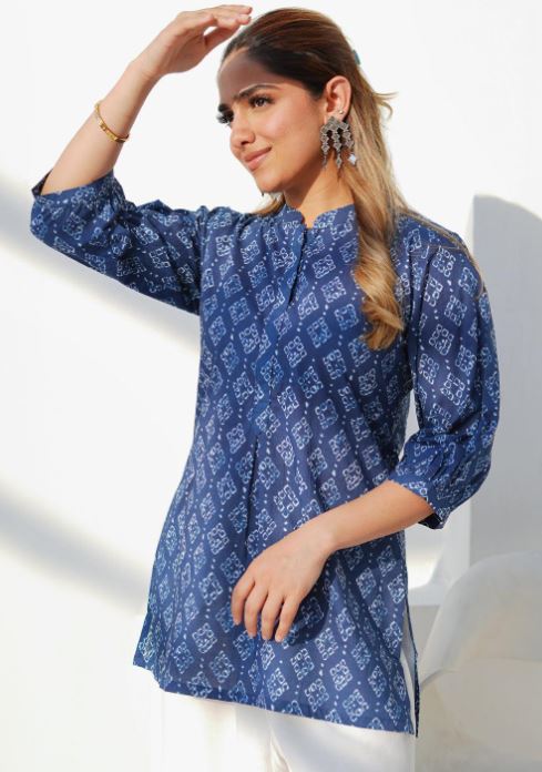 Blue Printed Cotton A-Line Kurti