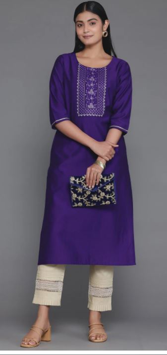 Purple Yoke Design Silk Straight Kurta