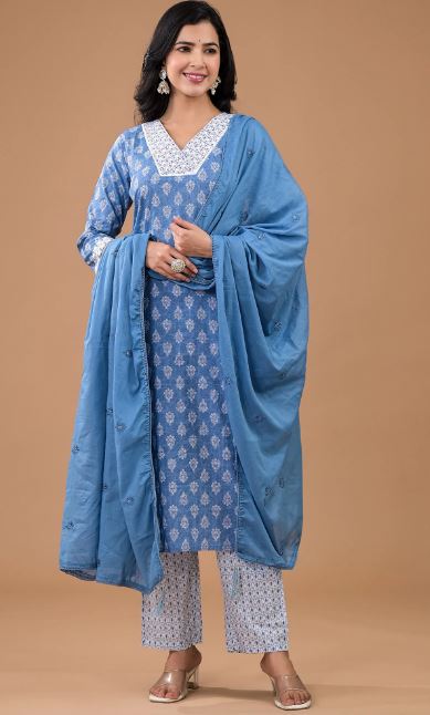 Blue Floral Printed Pure Cotton Salwar Suit