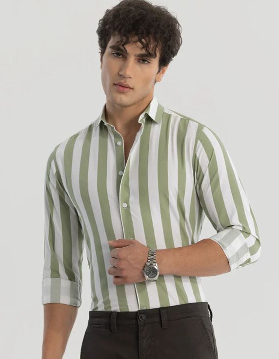 Green Slim Fit Stripes Shirt