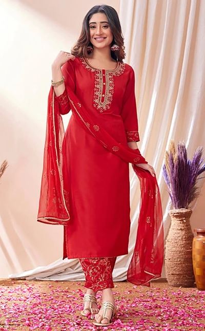 Red Embroidered Kurta With Pant & Dupatta