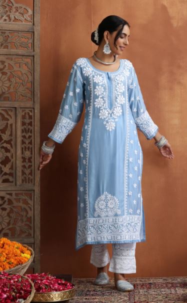 Chanderi Chikankari Solid Women's Long Kurta