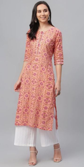 Peach Printed Cotton Kurta