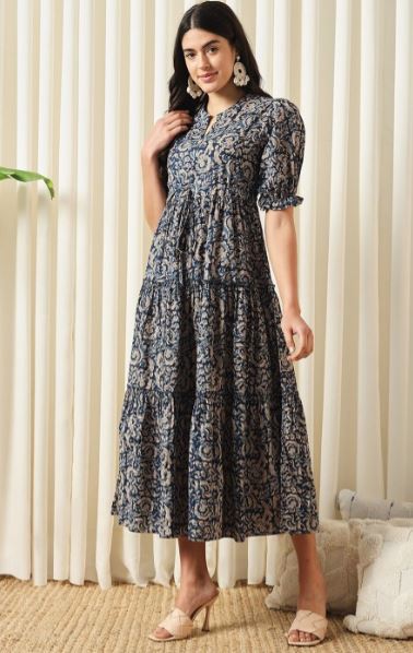 Floral Printed Puff Sleeves Cotton Flare Dress