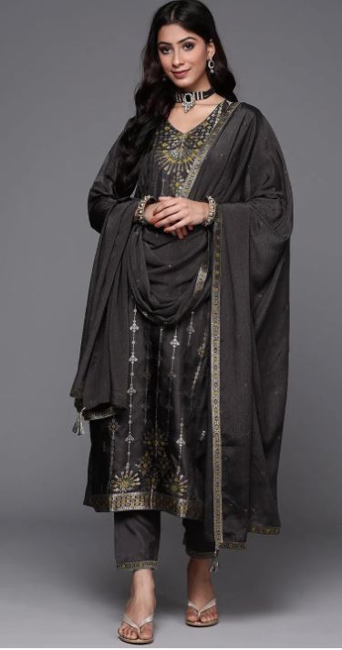 Charcoal Self Design Silk Straight Kurta