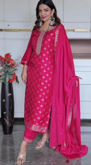 Magenta Woven Design Silk Blend Straight Suit