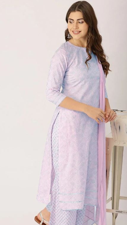 Pink Printed Cotton Straight Kurta With Palazzos