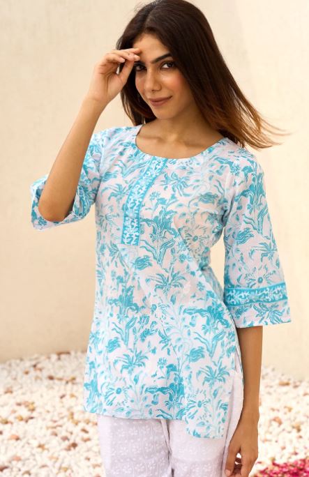 White Printed Cotton Straight Kurti