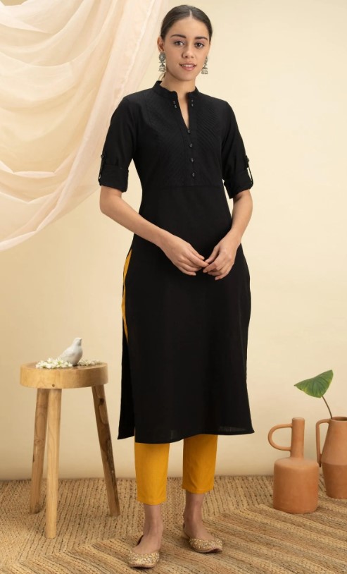 Black Solid Cotton Kurta