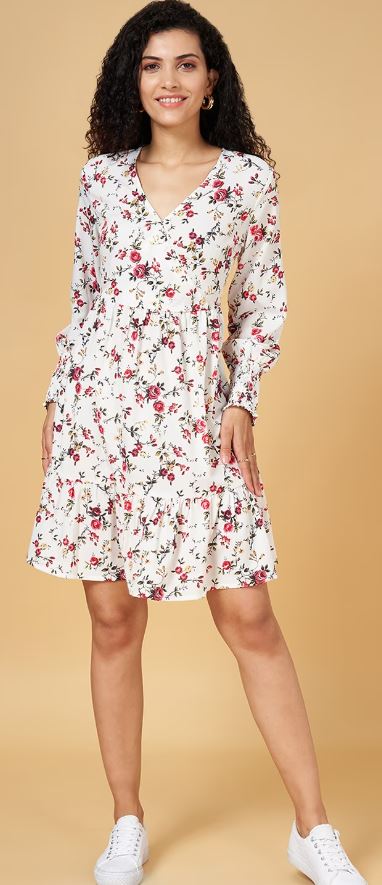 White Print Knee Length Casual Women Comfort Fit Dress