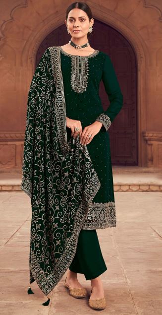 Green Embroidered Georgette Semi Stitched Suit