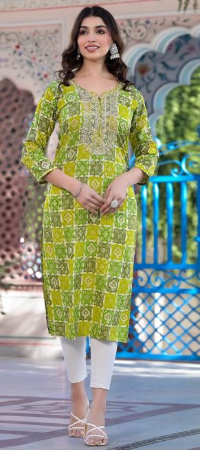 Yellow & Green Bandhani Straight Kurti