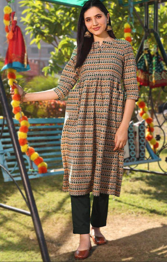 Tribal A-Line Kurta With Bottle Green Pant