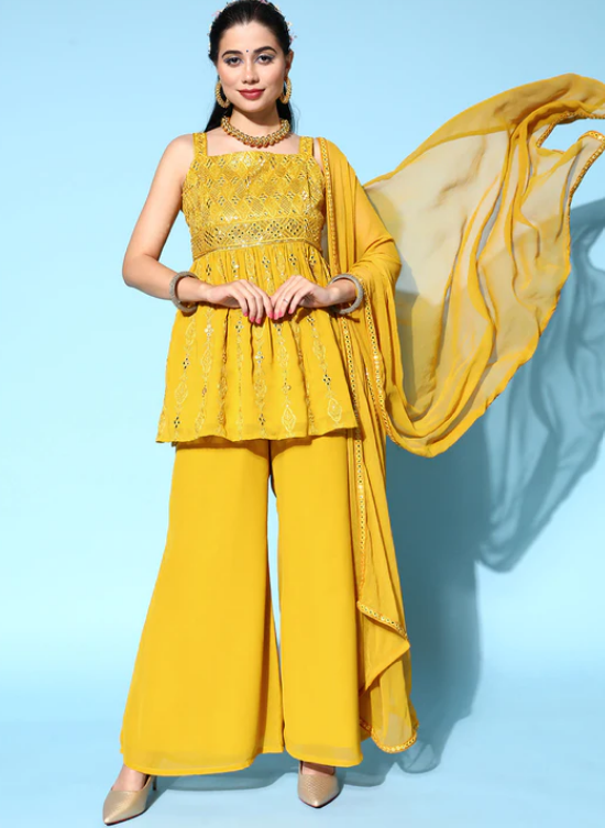 Mustard Embroidered Georgette Anarkali Suit Set
