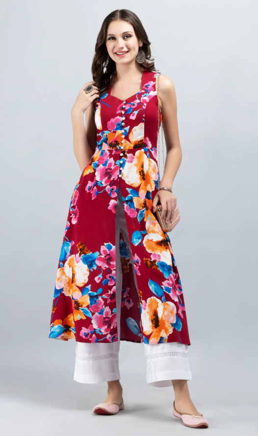 Floral Printed Sleeveless Viscose Rayon Kurta