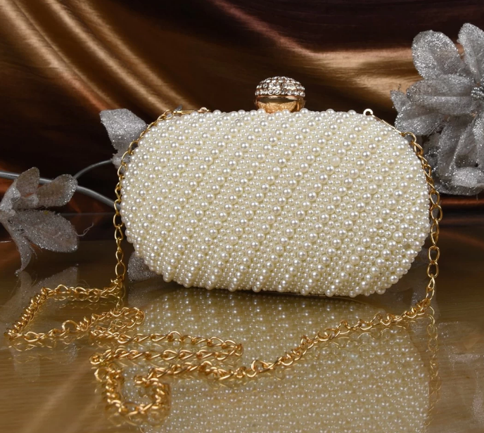 White Pearl Beads Hand Embroidered Clutch