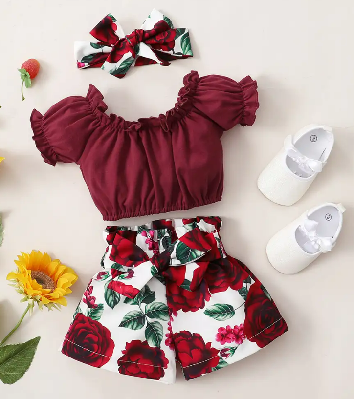 Red Top And Floral Print Short Set