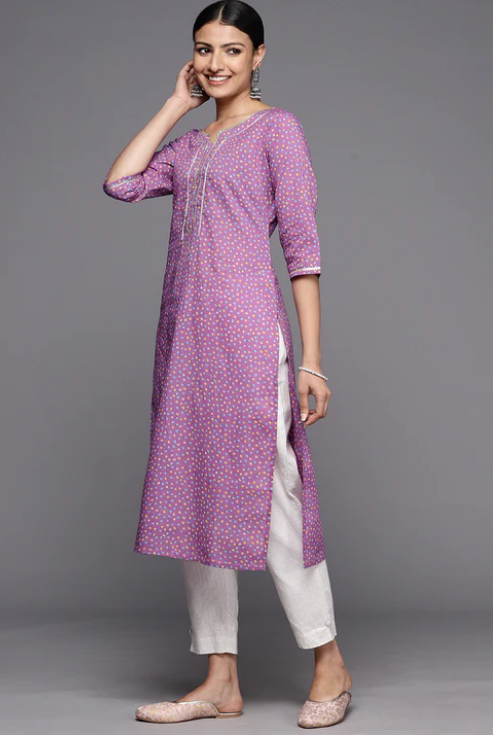 Purple Printed Cotton Straight Kurta