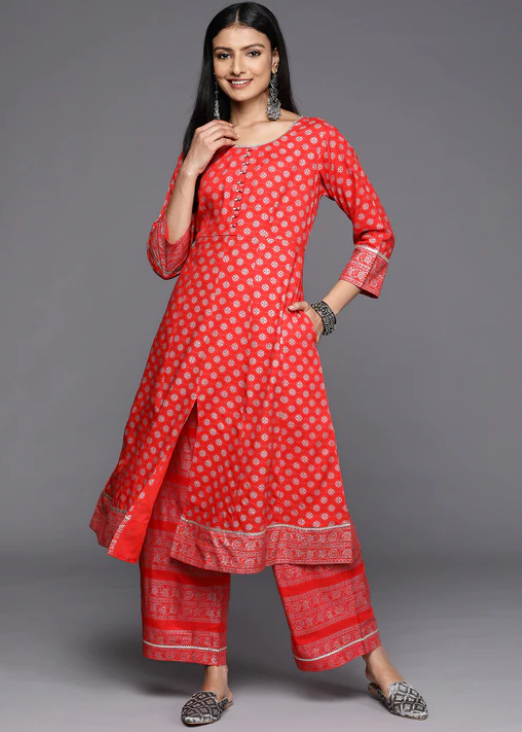 Red Printed Rayon A-Line Kurta
