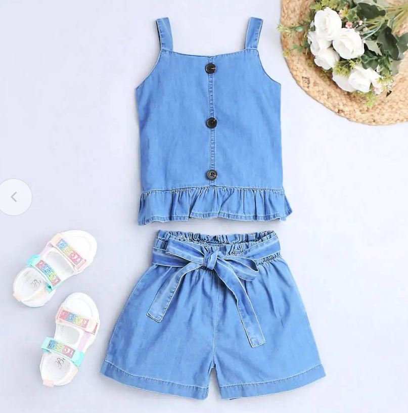 Girls Blue Solid Blouse And Shorts Set