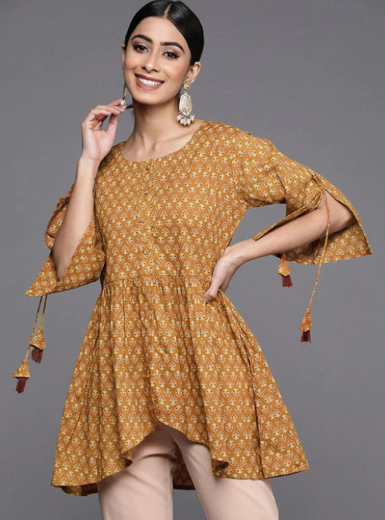 Mustard Printed Cotton A-Line Kurti