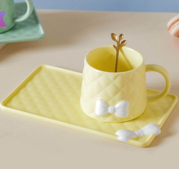 Cup With Rectangular Plat & Metal Spoon