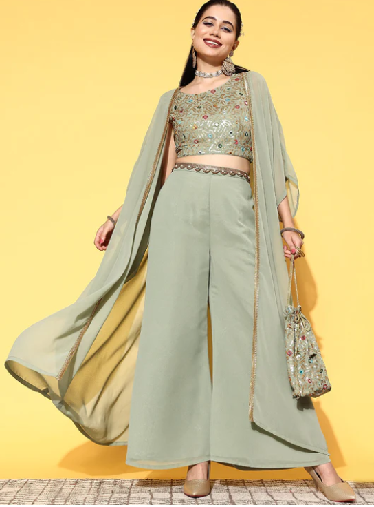 Green Embellished Georgette Co-Ords