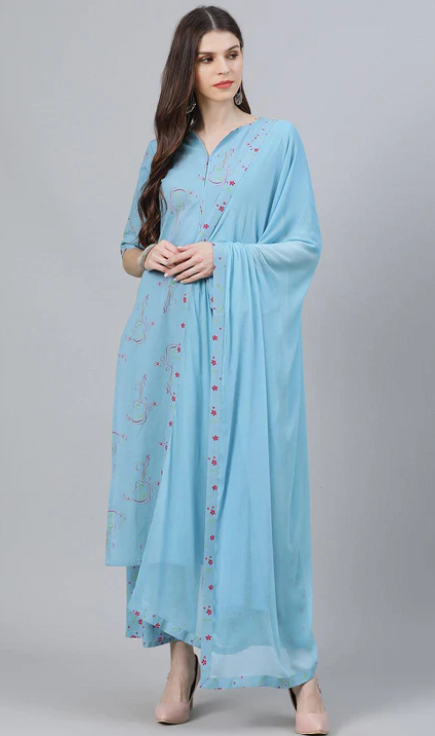 Blue Printed Cotton Suit Set