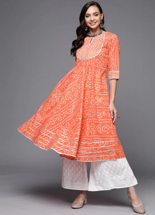 Orange Printed Cotton Anarkali Kurta