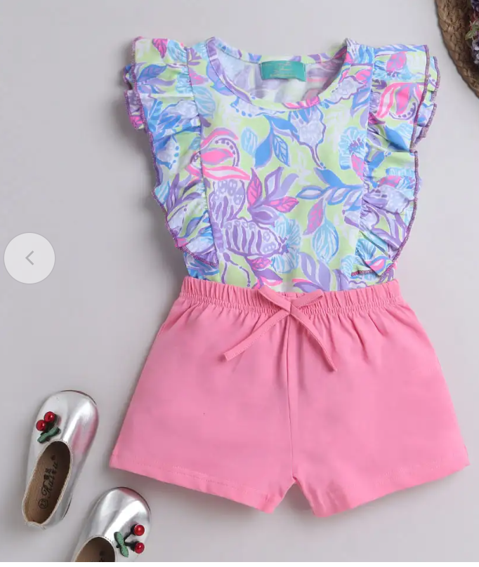 Girls Pink Floral Print Blouse and Short Set