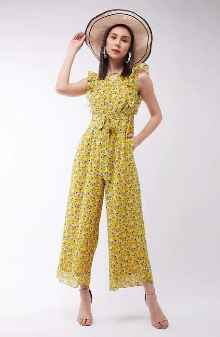 Floral Print Basic Jumpsuit with Ruffles