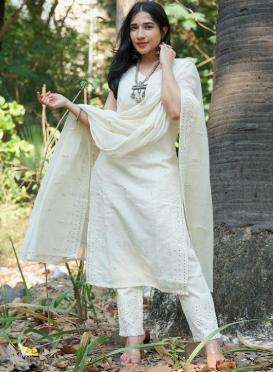 Off White Embroidered Cotton Straight Suit