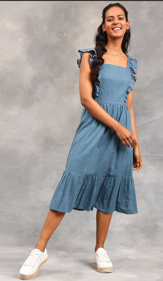 FabNu Teal Cotton Back Tie Up Dress