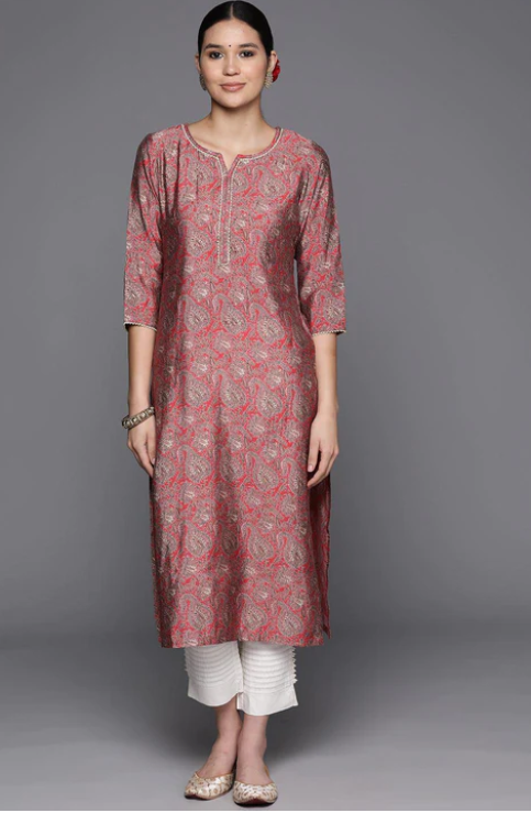 Coral Yoke Design Silk Straight Kurta