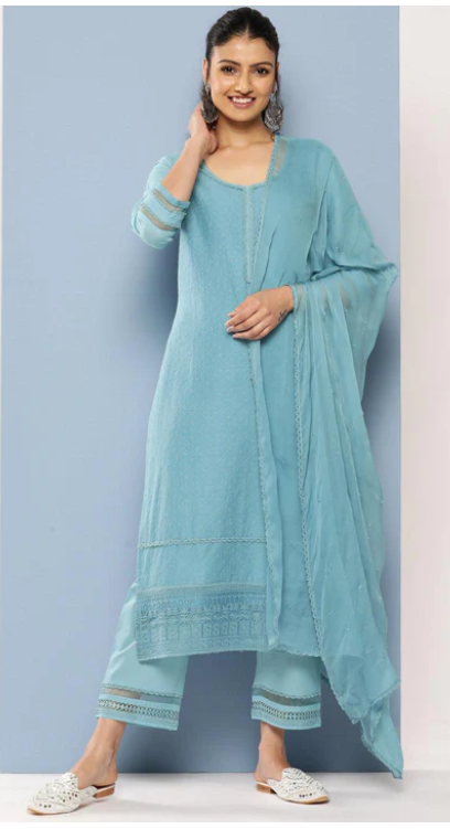 Blue Embroidered Cotton Straight Suit Set