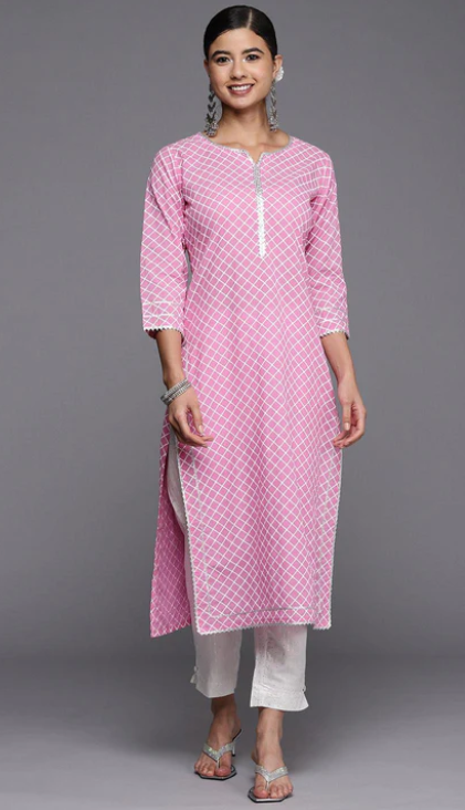 Pink Printed Cotton Straight Kurta