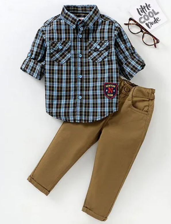 Checks Shirt & Pant - Blue Khaki